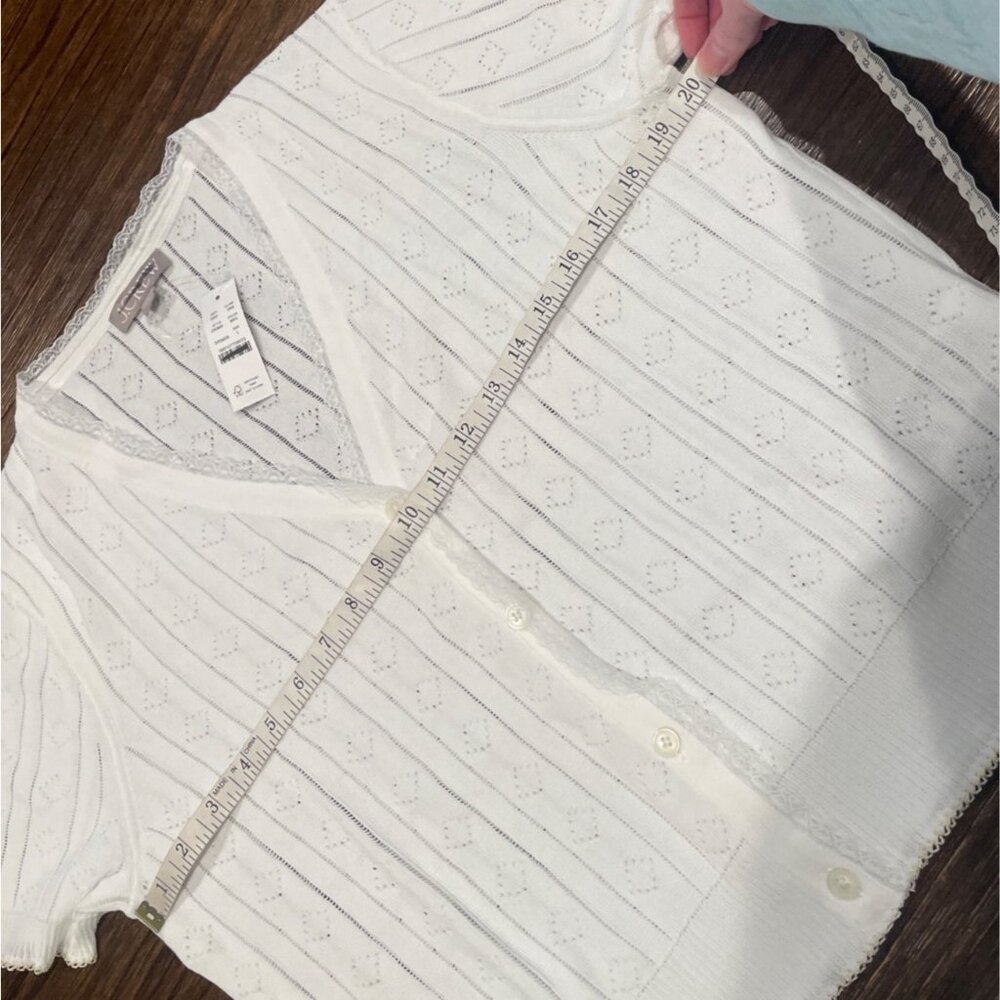 NWT J.Crew Sz L White Pointelle Short-Sleeve V-Neck Cardigan Ultra-Fine Cotton - Picture 6 of 9